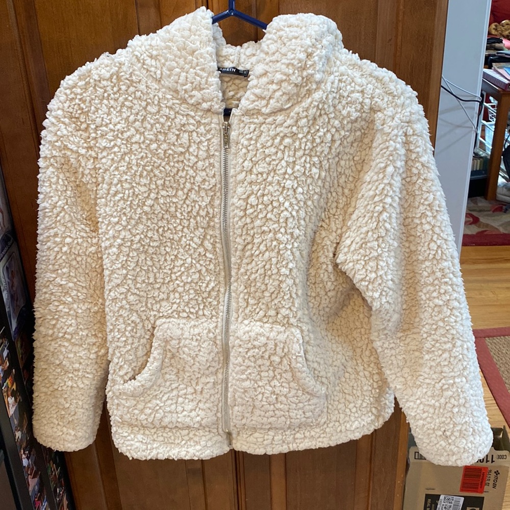 SHEIN FAUX Fur bear ears Hooded Teddy Jacket